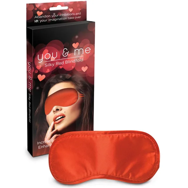You and Me Red Satin Blindfold beside red and black retail carton