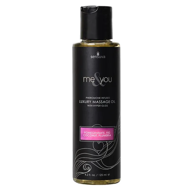 Sensuva Me and You Pomegranate Blend Oil black 4.2-ounce bottle with pink scent label