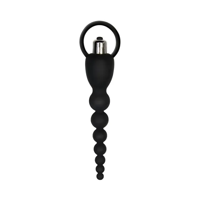 Adam & Eve black vibrating silicone anal beads straight front view with retrieval ring