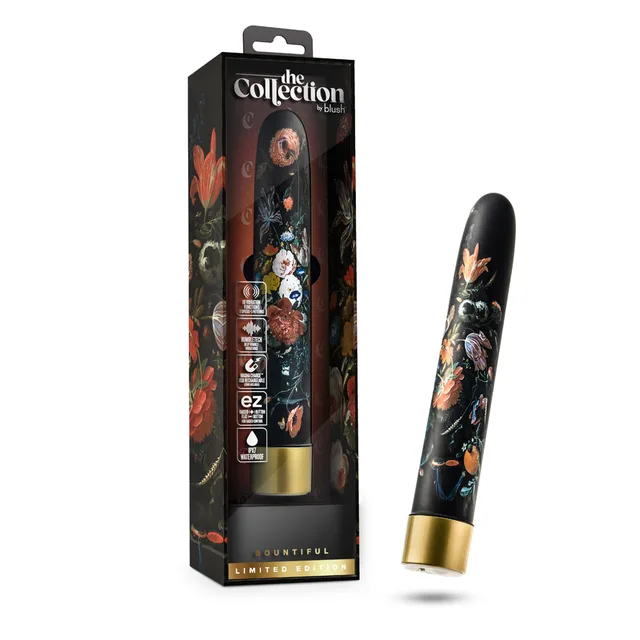 multicolor floral Collection Bountiful vibrator beside black box