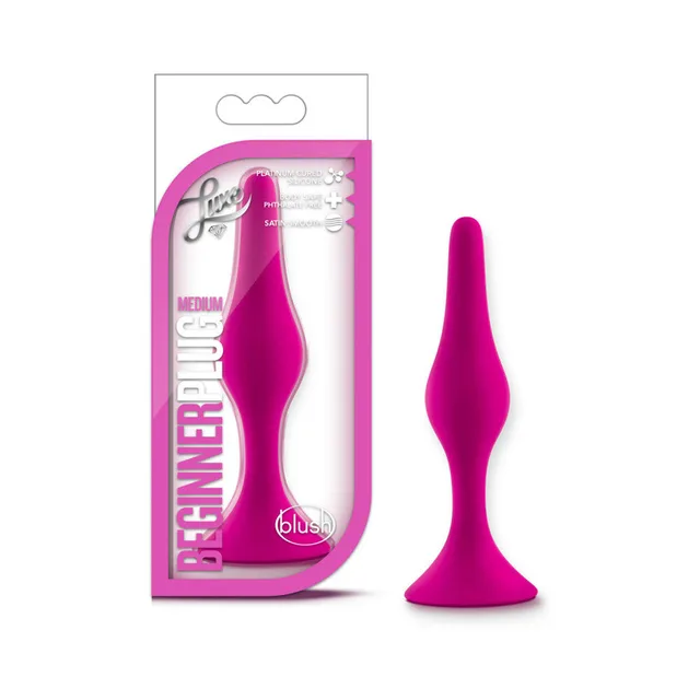 Blush Luxe medium hot-pink beginner plug beside matching retail package