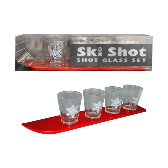 four clear shot glasses mounted in a long red ski-shaped holder