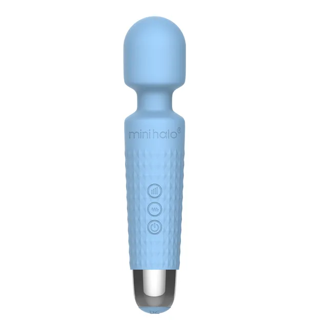 Powder blue Mini Halo 20X wand with ribbed handle and three buttons