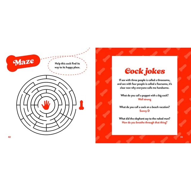 The Little Book of Cock activity book Maze and Cock Jokes activity pages together