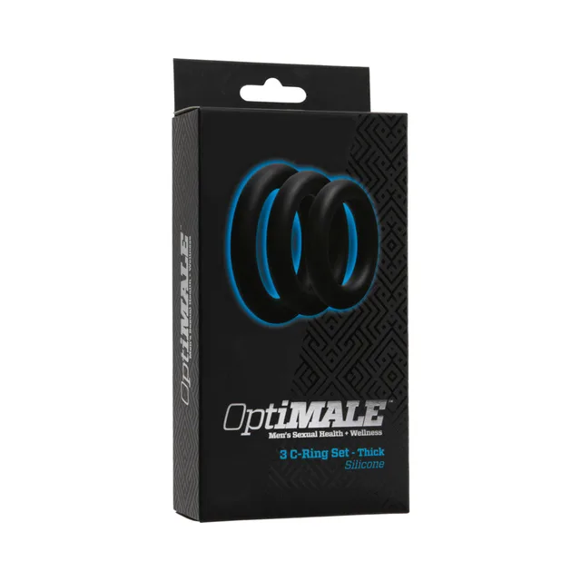 Doc Johnson OptiMALE Thick Ring Set black retail box with blue ring graphic