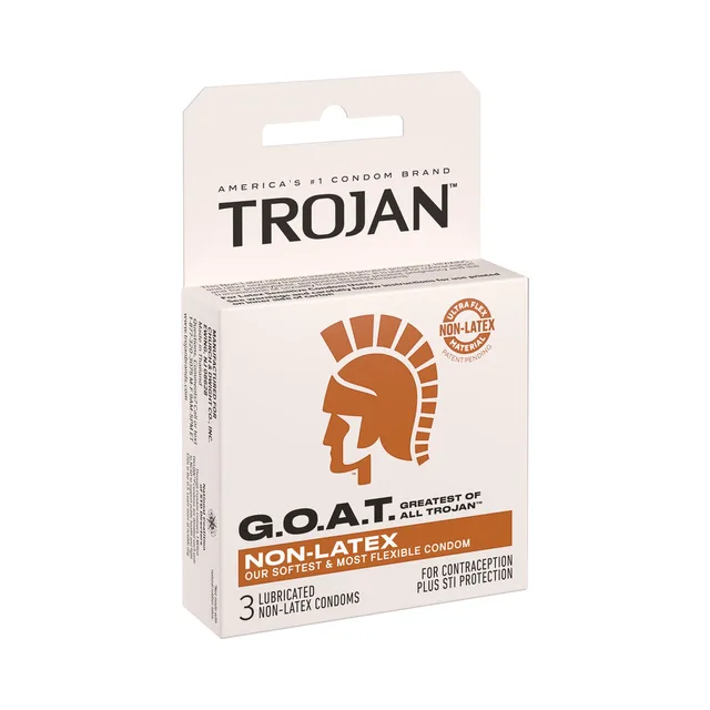 Left-angle view of Trojan G.O.A.T. non-latex 3-count carton