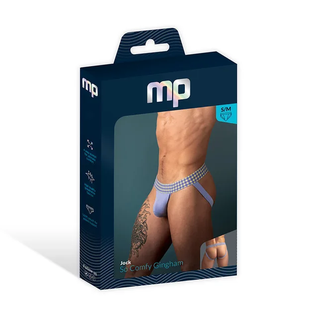 Male Power So Cumfy purple gingham jockstrap size L/XL in a navy window retail box
