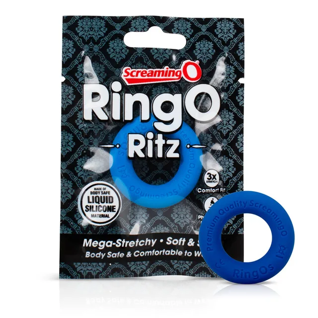 Blue Screaming O RingO Ritz thick silicone ring beside retail package