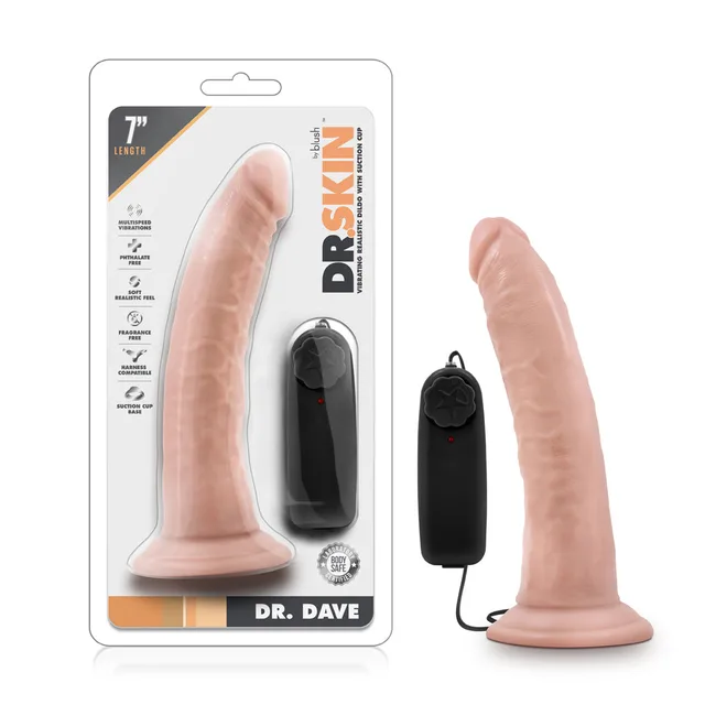 Blush Dr. Skin Dr. Dave beige vibrator in clear Dr. Skin retail package beside black wired controller