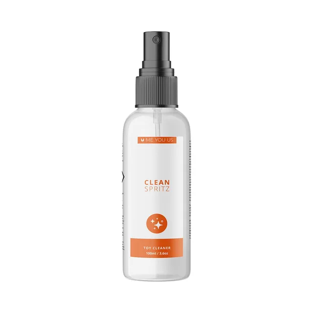 Me You Us Clean Spritz 3.3 oz clear spray bottle with orange label