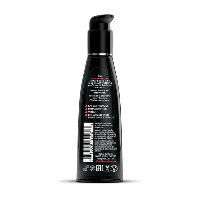 Wicked Aqua Watermelon 4 oz lubricant back of curved black bottle with white information panel, barcode and pump top