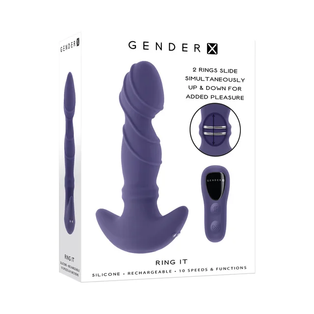 Gender X Ring It purple vibrator and remote pictured on white box
