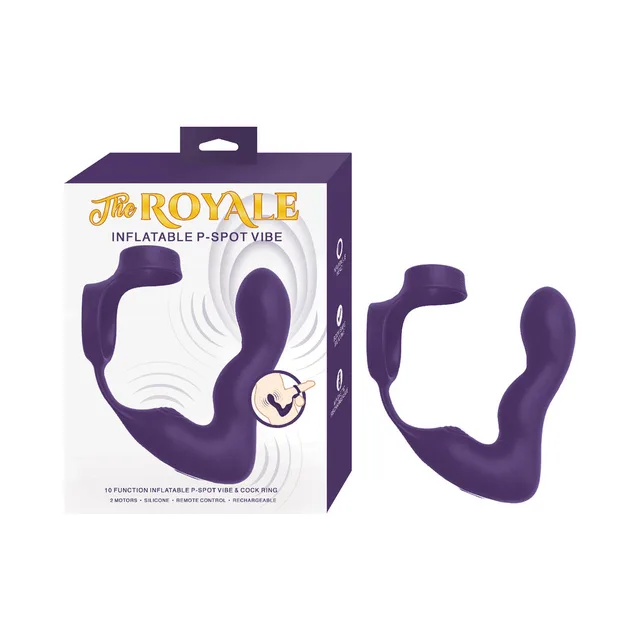 The Royale purple inflatable P-Spot vibe beside retail box