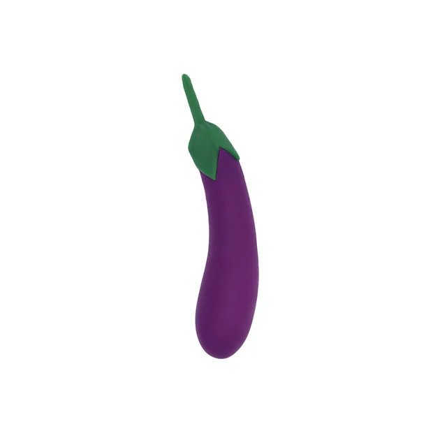 purple eggplant-shaped Emojibator XL with green stem on white background