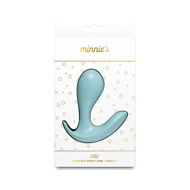Minnie's Pop blue remote vibrator inside the white hanging retail box