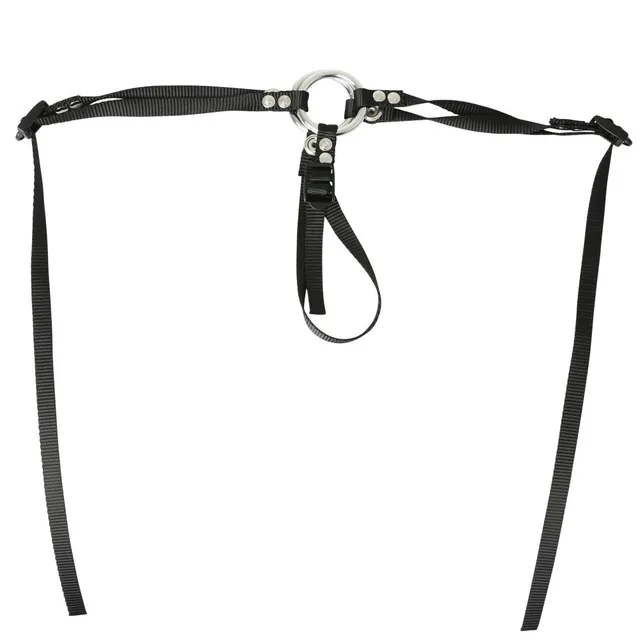 Black thong-style Sportsheets harness with metal O-ring and long straps