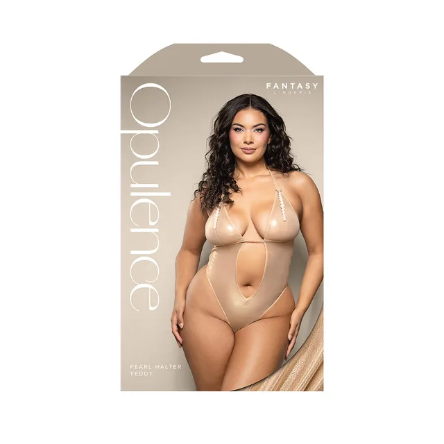 Queen-size Opulence package with gold cutout halter teddy and pearl strings