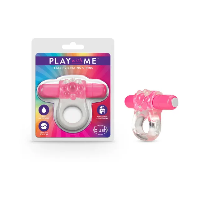 Play with Me Teaser package beside pink bullet and clear C-ring
