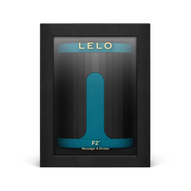 LELO F2S teal massager and stroker in black window retail box