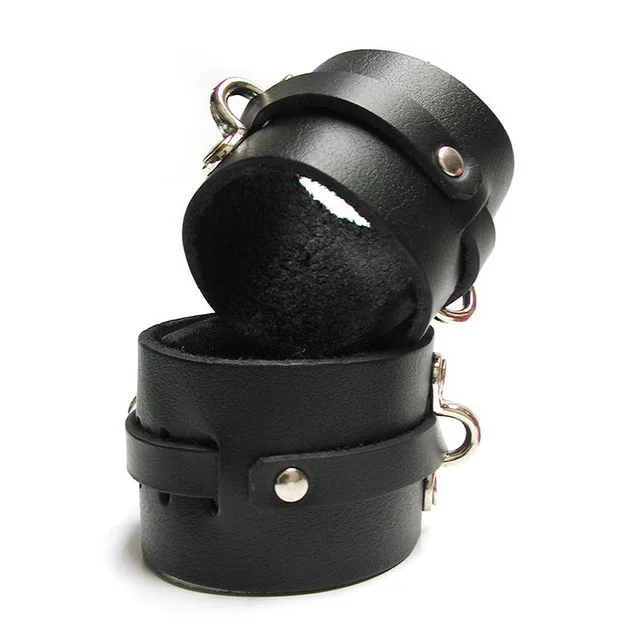 Pair of black Kinklab leather ankle cuffs with silver D-rings