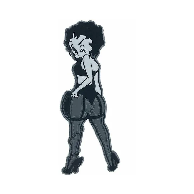 black and gray Cartoon Mistress enamel pin with curly hair and tall boots