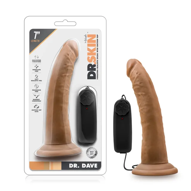 Blush Dr. Skin Dr. Dave tan vibrator in clear Dr. Skin retail package beside black wired controller
