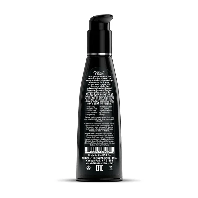 Wicked Aqua Heat 4-ounce lubricant black pump bottle back panel