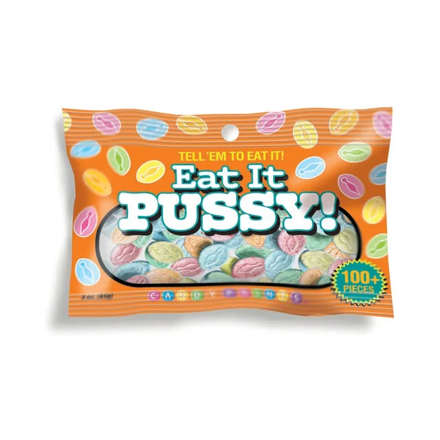 Eat It Pussy Candy 3 oz orange bag with assorted pastel pieces