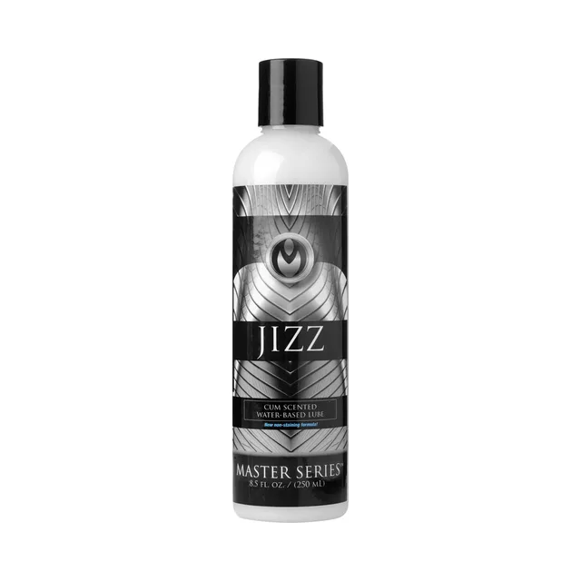 Master Series Jizz white lubricant bottle with black cap and monochrome label