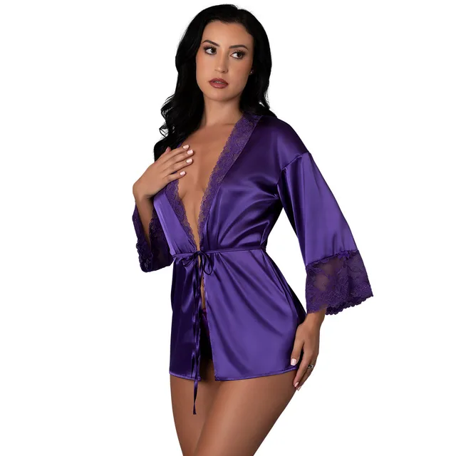 Front view of Purple Satin Petals lace-trim robe S/M