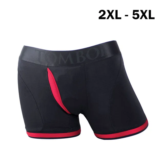 black Tomboii sizing brief with pink trim labeled 2XL-5XL