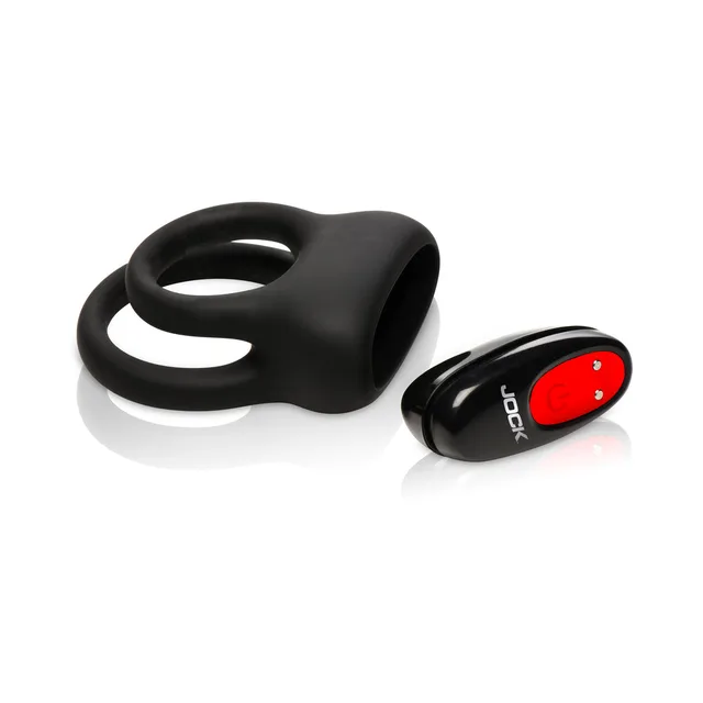 JOCK Hard-On black silicone double c-ring full product view beside the separate remote