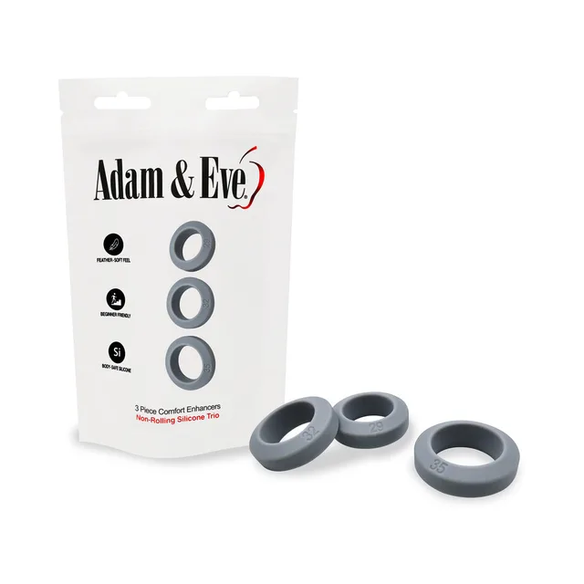 Three gray Comfort Enhancer rings beside Adam and Eve hanging pouch