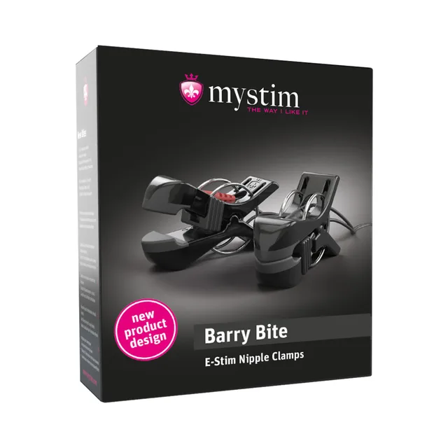 Mystim Barry Bite black bi-polar clamps paired with cable leads beside black retail box