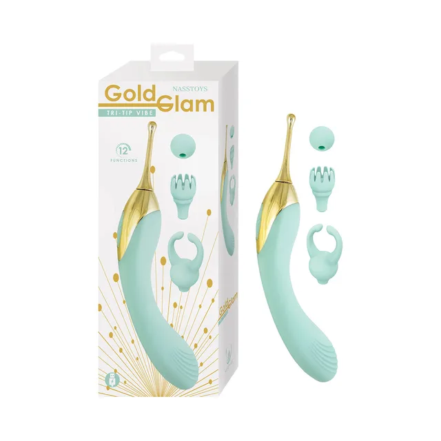 Gold Glam aqua Tri-Tip vibrator and attachments beside retail box
