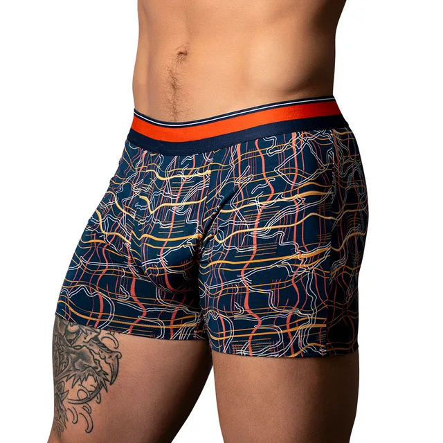 Male Power Soo Cumfy size S navy and orange boxer brief front view worn by model
