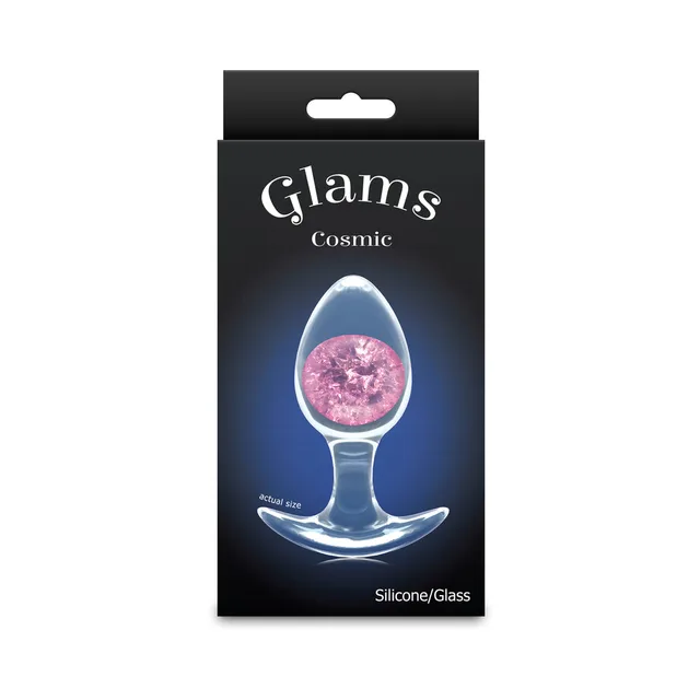 Medium pink Cosmic Glams silicone plug with glitter glass marble on box