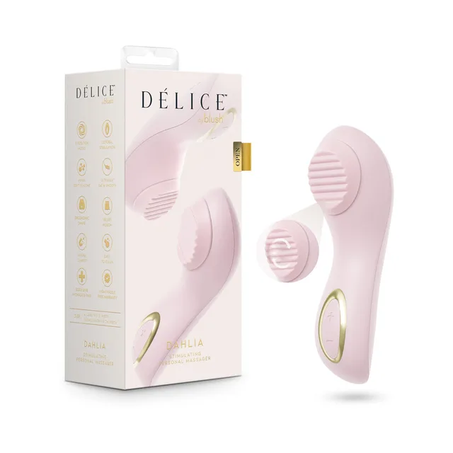 Blush Delice Dahlia pink dual-head massager beside its white retail box
