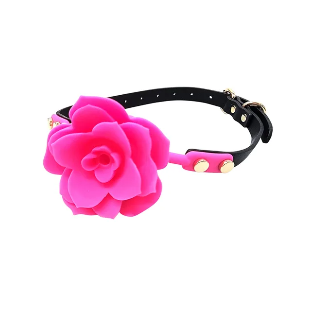 hot pink silicone rose ball gag with black perforated strap and gold-tone hardware