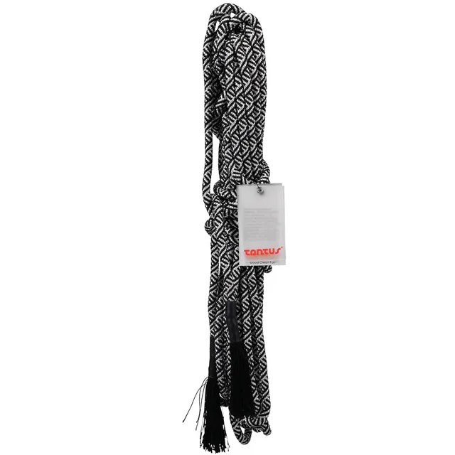 Tantus Silver black and white 30 foot polyester rope folded vertical view with hang tag