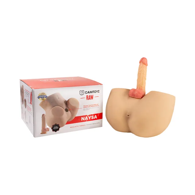light beige Camtoyz Naysa torso beside white red retail box