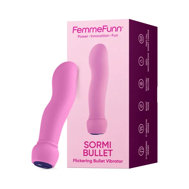 Pink FemmeFunn Sormi bullet vibrator displayed beside its retail box