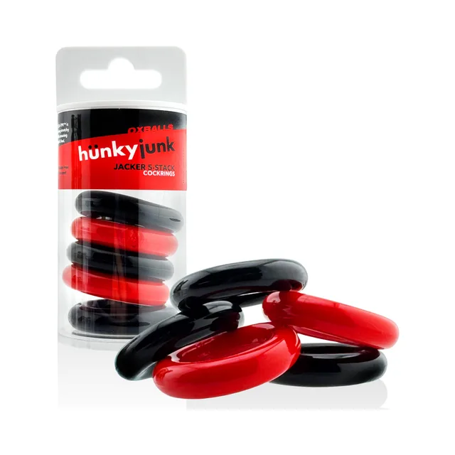 Oxballs Hunkyjunk Jacker red and black five-pack retail tube beside the five loose rings