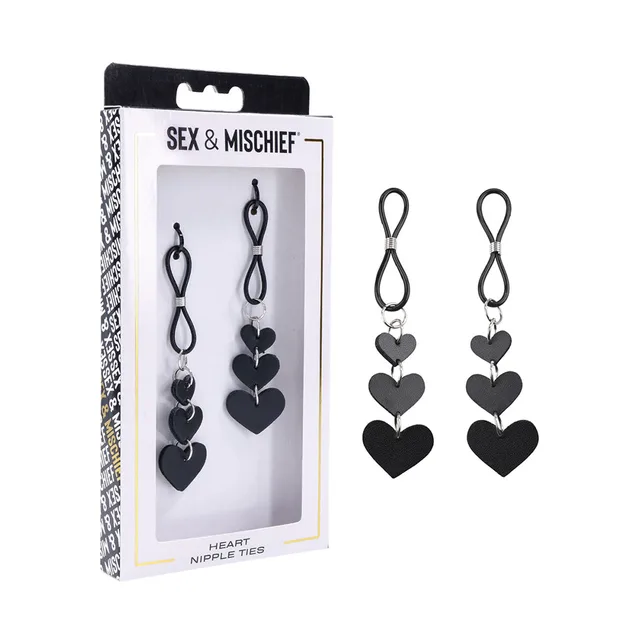 pair of black Sex & Mischief ties with three heart dangles each
