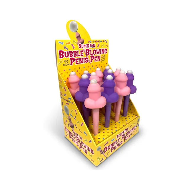 Yellow counter display of pink and purple bubble penis pens