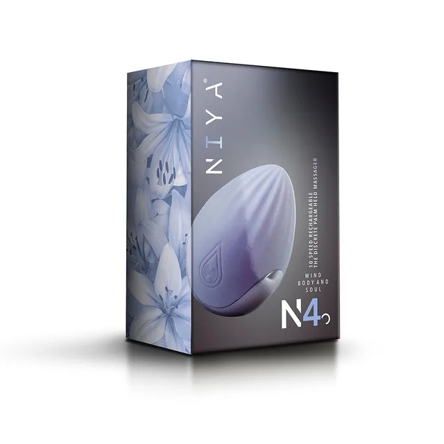 Rocks-Off NIYA 4 cornflower palm massager pictured on floral box