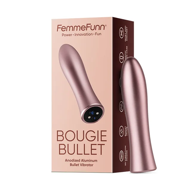 FemmeFunn Bougie Bullet rose gold tapered metallic body beside pink retail box with black circular control panel visible