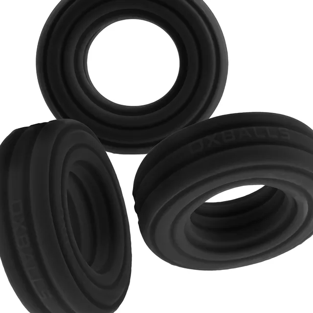 Oxballs Hunkyjunk Roto Black Fog grooved cock ring front, side and angled views of the grooved profile