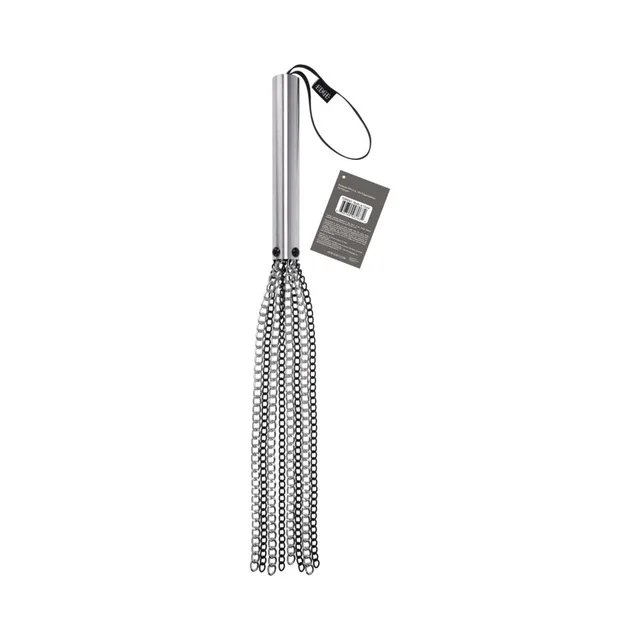 Rear hanging view of Sportsheets Edge silver Chain Flogger