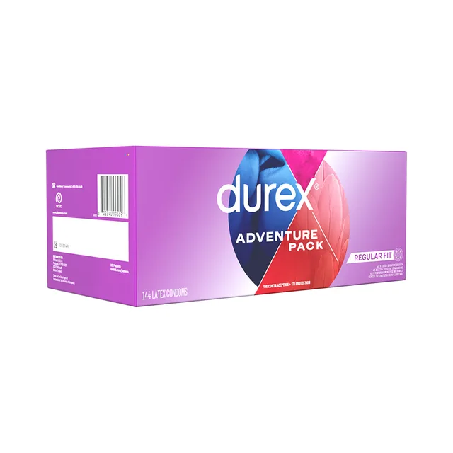 Front three-quarter view of purple and orange Durex Adventure Pack display